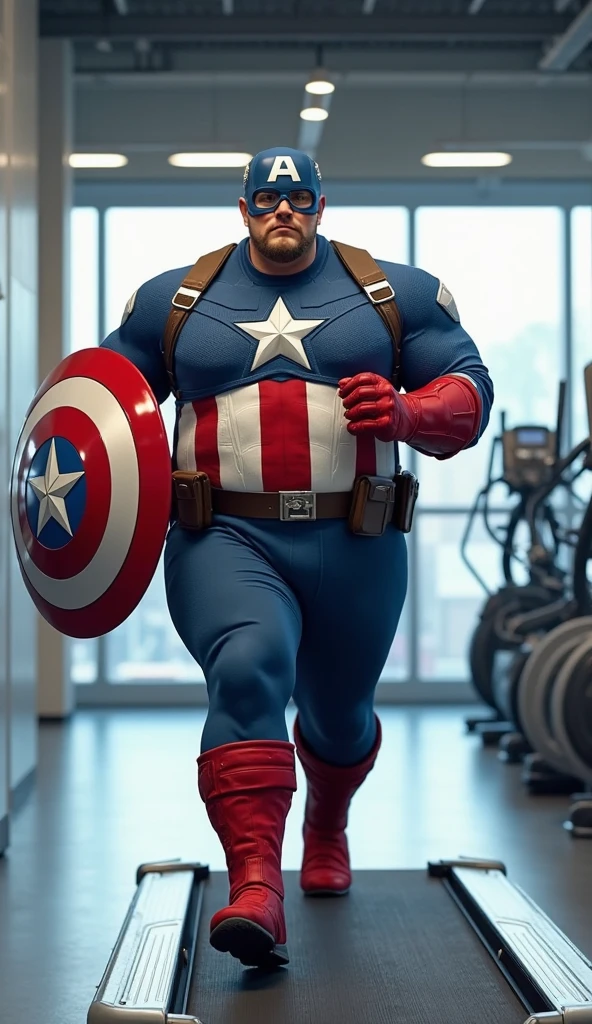 a very fat captain america, cute pose, very cute face, detailed face, detailed fat body, detailed outfit (reality: 1.4), (A hyper-realistic), (high resolution), (8K), (highly detailed), ( Best Illustration), (detailed eyes), (ultra-detailliert), Bright lighting, Professional Lighting, The background is a war.