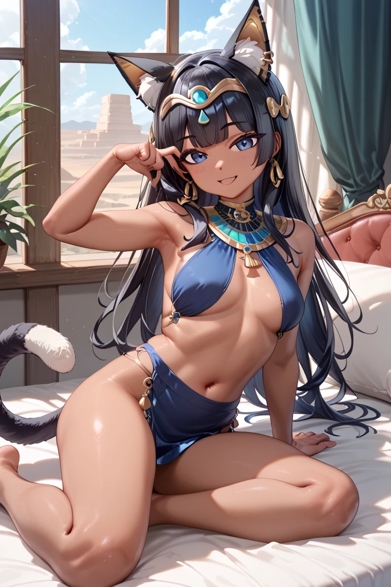 Best quality, masterpiece, Manga, nhentai manga, Vepto-sama! Hito o Ijimecha Ikemasen! | Wept-sama! You Mustn't Torment The Humans! ~Evil Deity Queen Gets Her Just Deserts~, 1girl, solo, Wept-sama, dark skin, dark skinned girl, lolibaba, small breasts, blue eyshadow, teal colored eyes, gold and black cat ear hair decorations, black hair, twintail hairstyle, gold bar earrings, white dress, pelvic curtain, white bikini top, gold necklace, looking at viewer, sitting, sitting on pharaohs throne, holding bird staff, smug expression