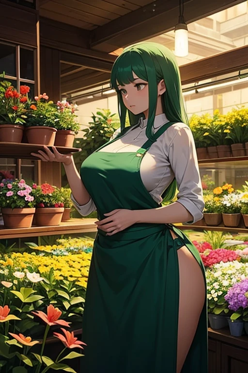 1 anime girl naked wearing only an green apron and a hat, standing at a register, long brown hair, embarrassed, embarrassing, embarrassment, blushing, people around her, hot, sexy, gorgeous, very high quality, anime style, 4K resolution, perfect body, thick body 