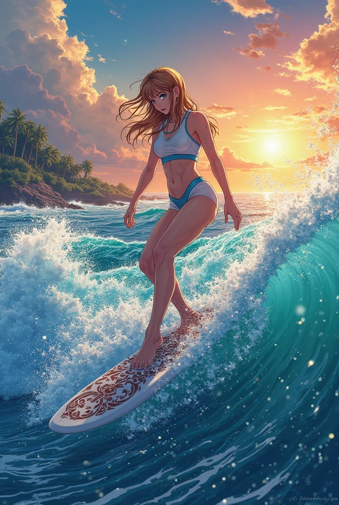 Femme nue grosse poitrine et des tétons qui surf sur une vague en Mer en plein jour et derrière en voie la lune