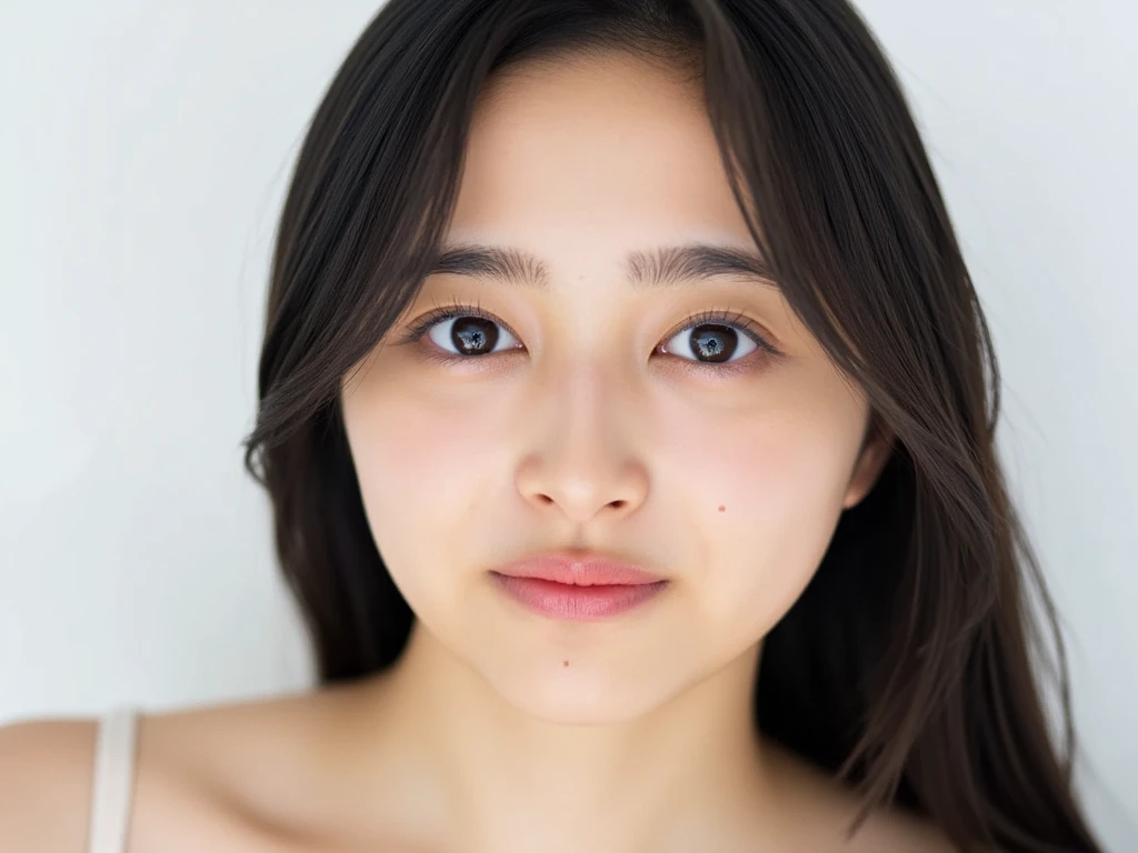 RAW photo, reality,((Staring intently at the viewer)),((focus on the face)),((close-up)), front, Japanese woman, smile, long hair, black hair, straight hair, , Unprocessed , live-action, Genuine,cute young girl, beautiful reflective eyes ,Beautiful Detailed Lips, Extremely Delicate Eyes and Face,long eyelashes, (軽いsmile:2),simple white background, natural light