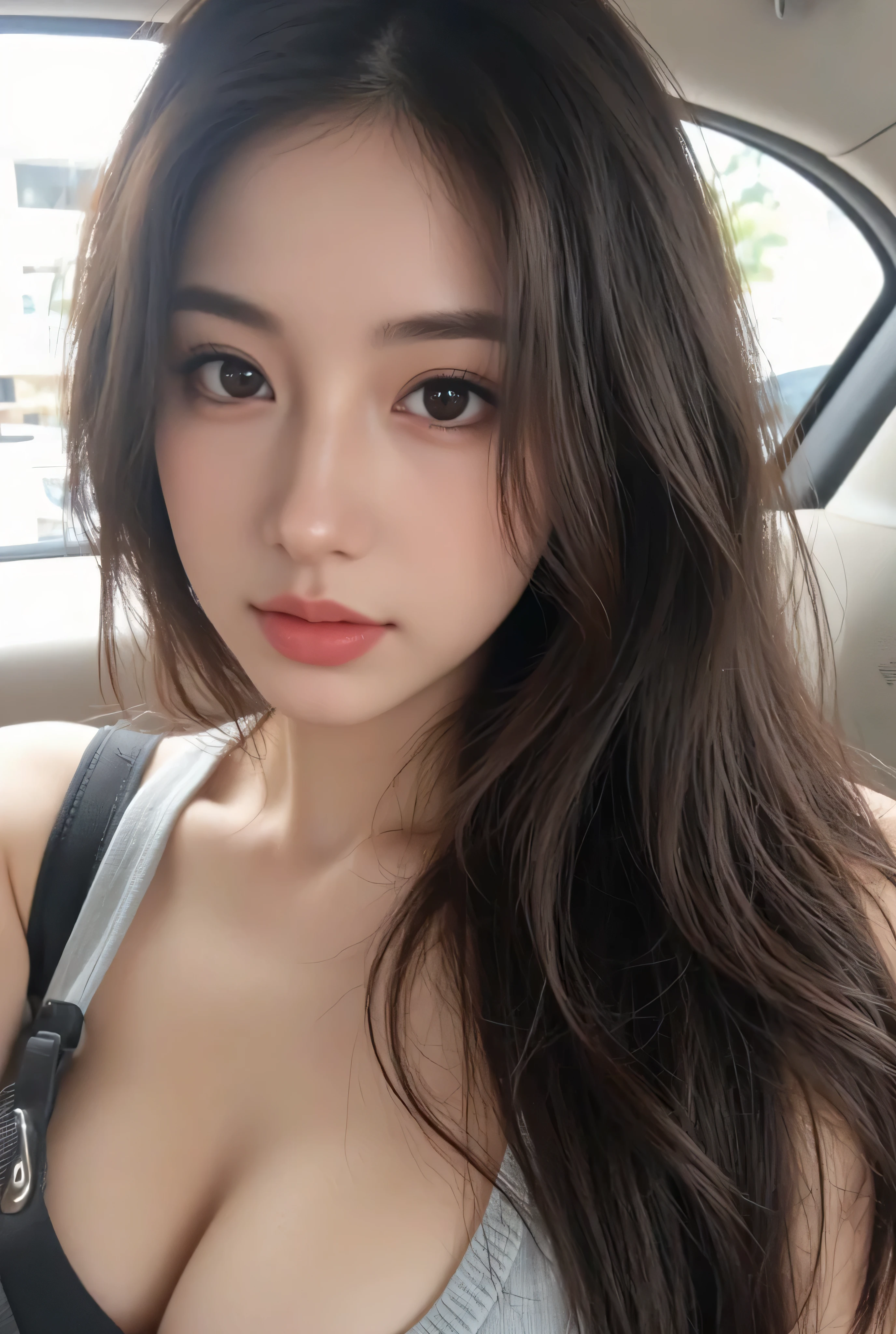 Asiatica, cabelo preto, labios rosados, labios carnudos, olhos castanhos