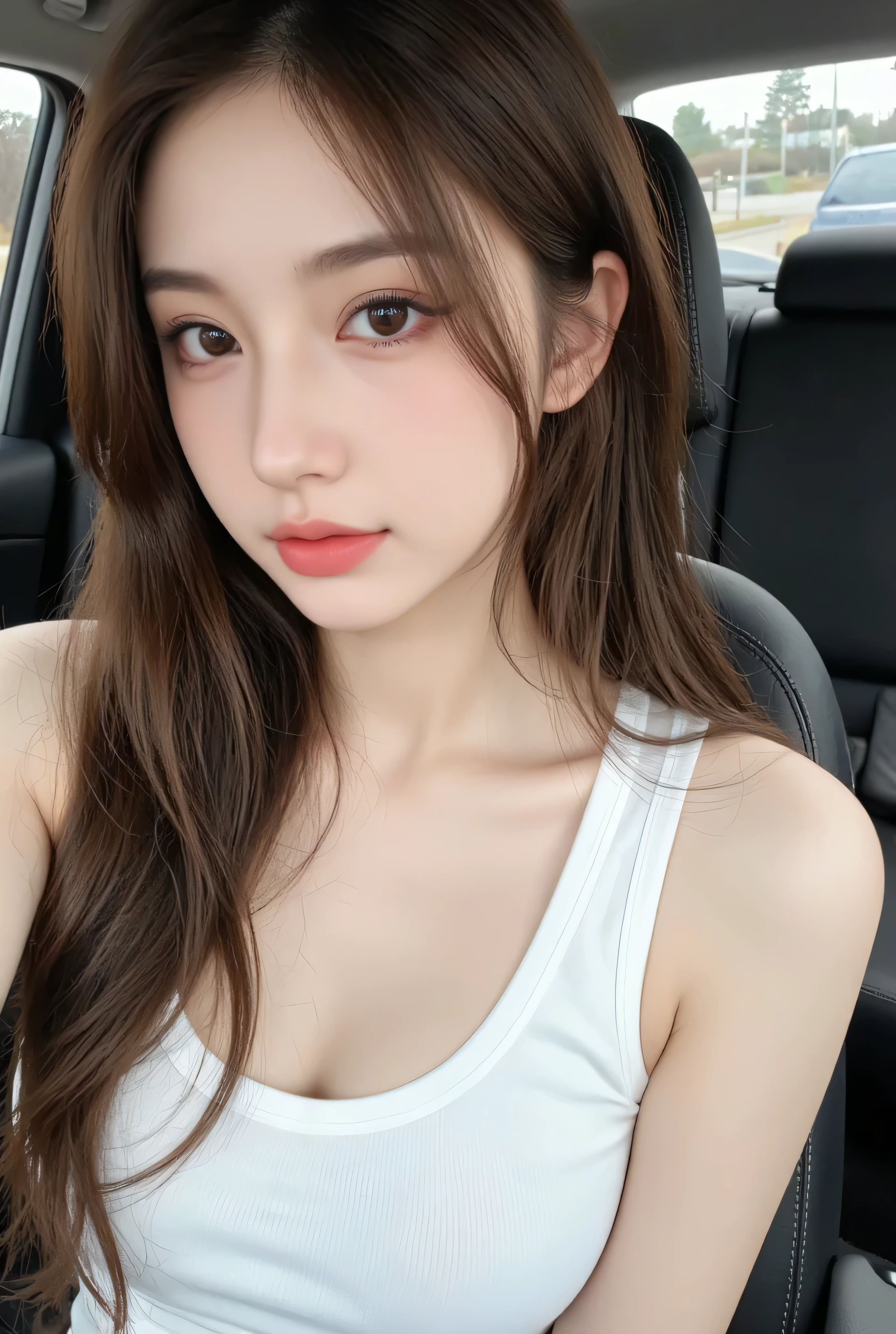 ((Realistic lighting, Best quality, 8K, Masterpiece: 1.3)), Clear focus: 1.2, 1girl, Perfect beauty: 1.4, Slim abs: 1.1, ((Dark brown hair)), (White crop top: 1.4), (Outdoor, Night: 1.1), Park view, Super fine face, Fine eyes, Double eyelids,