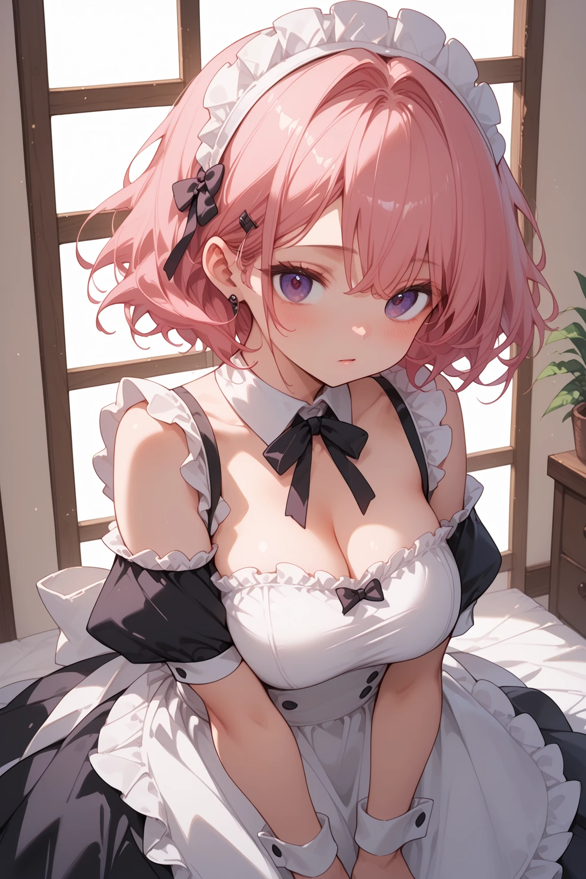 ((masterpiece)), ((best quality)), ((highly detailed)), (original), ((delicate background)), ((extremely detailed 8K wallpaper)), sweet, depth of field, BREAK maid, ((classic maid clothes)), ((scanty clothing)), lots of frills, ((huge breasts)), BREAK curly hair, faint pink hair, short hair, BREAK ((heart-shaped eyes)), pink eyes, tongue out, blush, sweating, BREAK 1girl, solo, cute girl, 15 years old, shiny skin, BREAK full body shot, sitting on the bed, looking at the viewer,
