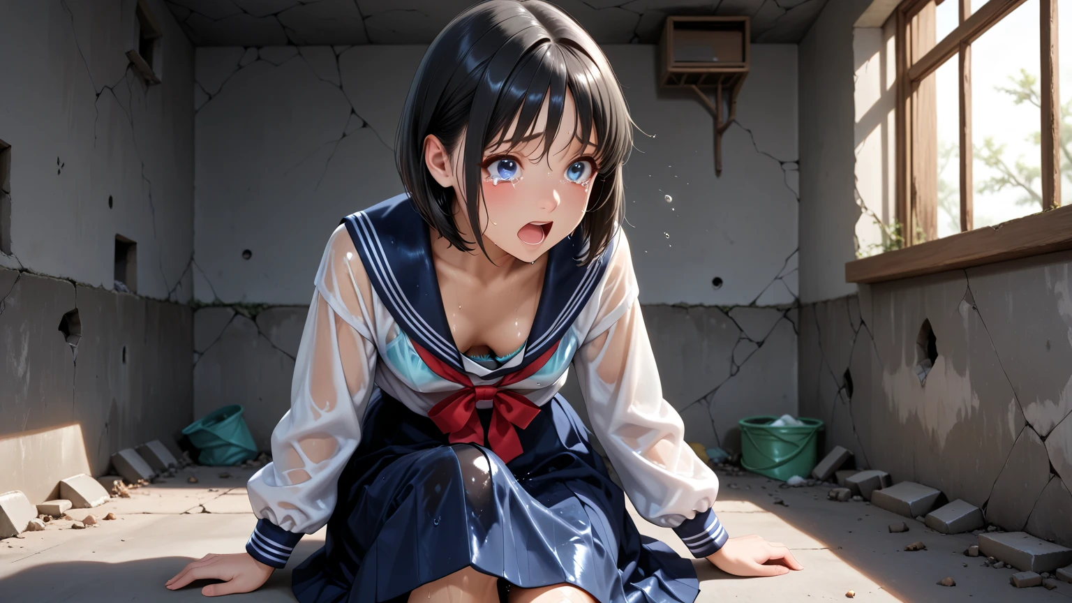 masterpiece, middle ages, battlefield, rubble, Devastation, Black Hair, blunt bangs, short hair, Ahoge, blue eyes, ((((nude)))), 1boy, open mouth, spread legs, front, abs, front, arms behind head, (((Small breasts))), (((glaring))), fang, ((scared)), grin, Crying face, sweat 