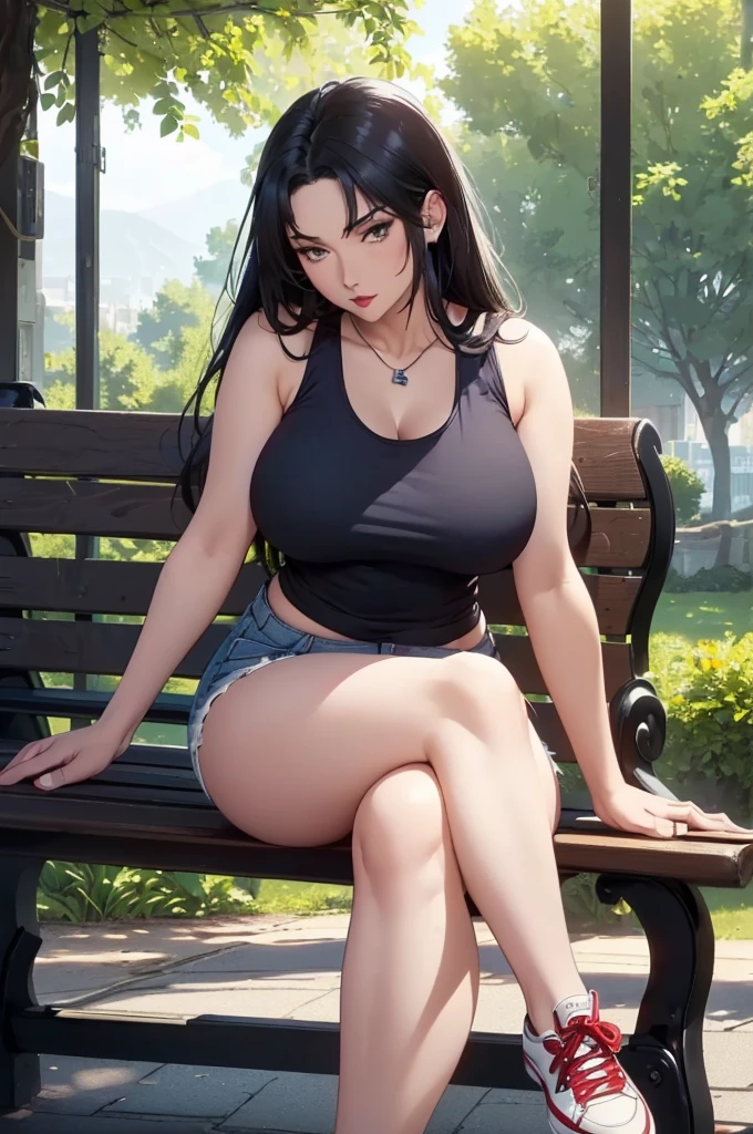 ((Highest quality, 8k, masterpiece: 1.3)), beauty, hidden face, ((18 year old beautiful girl)), beauty:1.3, Slim Abs :1.1, ((Black short hair、Big Breasts:1.2)), Highly detailed face, Highly detailed lips, Detailed eyes, double eyelid, ((Makeup face. lipstick)), ((Tank top)). ((Torn shorts)). stand,street