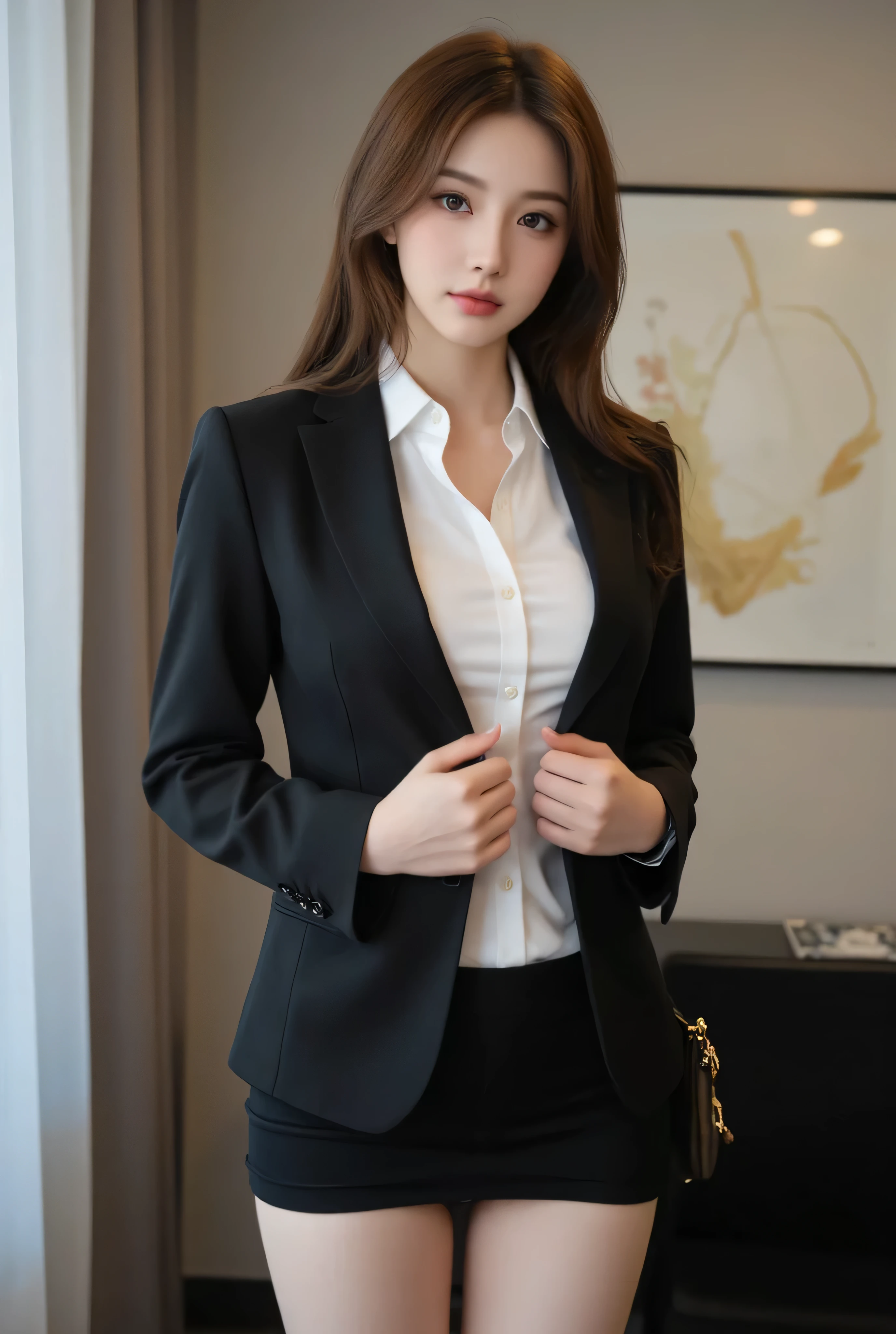 best qualtiy, tmasterpiece, 1girll, beauitful face, (photograph realistic:1.3), edge lit, (highdetailskin:1.2), 8K UHD, digital SLR camera, high high quality, A high resolution, 4k, 8k, bokeh, sweet, (realisticlying:1.3), Cute 1girl, Wearing a black formal blazer, mediuml breasts, short skirt,