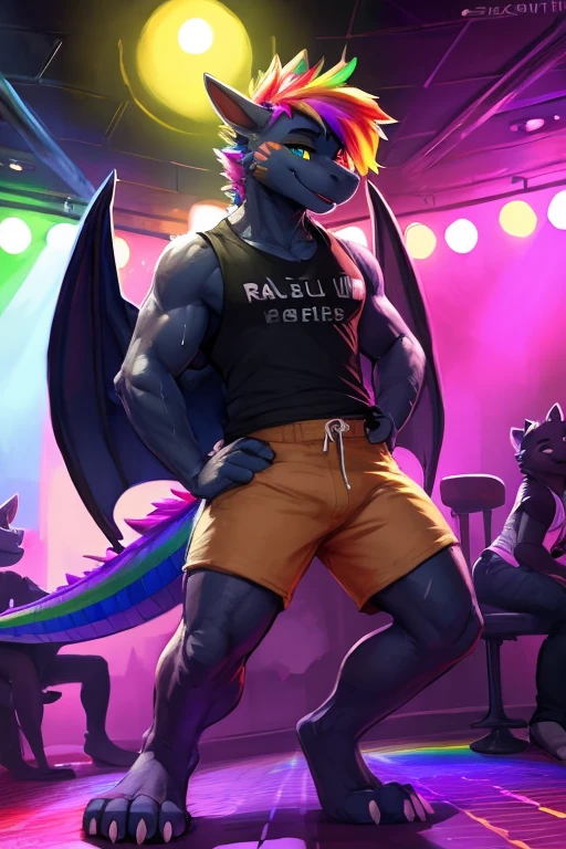 A solo sergal standing with large bulge in pants ((pink and blue)) ((male) (anthro) ([sergal])), hi res, at a club, soft shading, (detailed fur: 1.1), happy looking, (male), tail raised, ((beautiful) eyes: 1.1), (detailed eyes: 1.1), (detailed), (masterpiece: 1.2), (athletic), good anatomy, sexy dancing, (by Kenket), by Ross Tran, by Michael & Inessa Garmash, by Pino Daeni, by Kiguri,  by Alena Aenami, by Ruan Jia, 