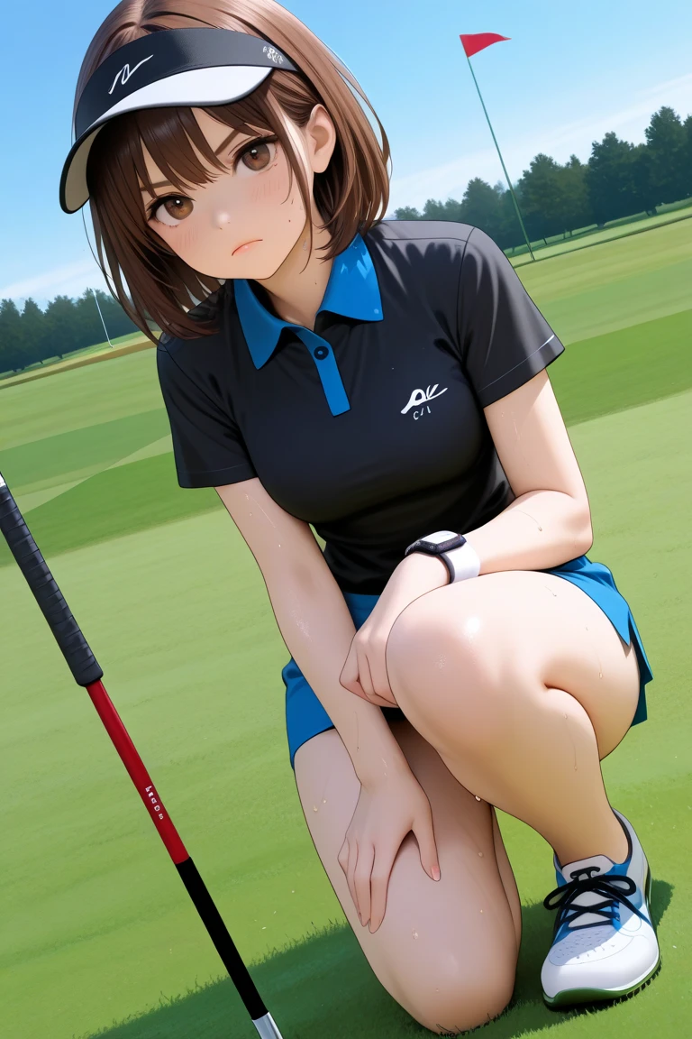 Beautiful Japan woman in golf clothes, detailed body, underwear, live action, squatting, putter, beautiful feet