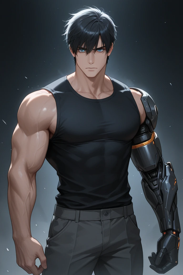 Black sleeveless tank top with jeans, Teenage hotties, white skinned, large eyes, Photorealistic, The perfect face with great detail, Tendons in the arm, toned muscles, A slight smile on his face, Black hair ,full body