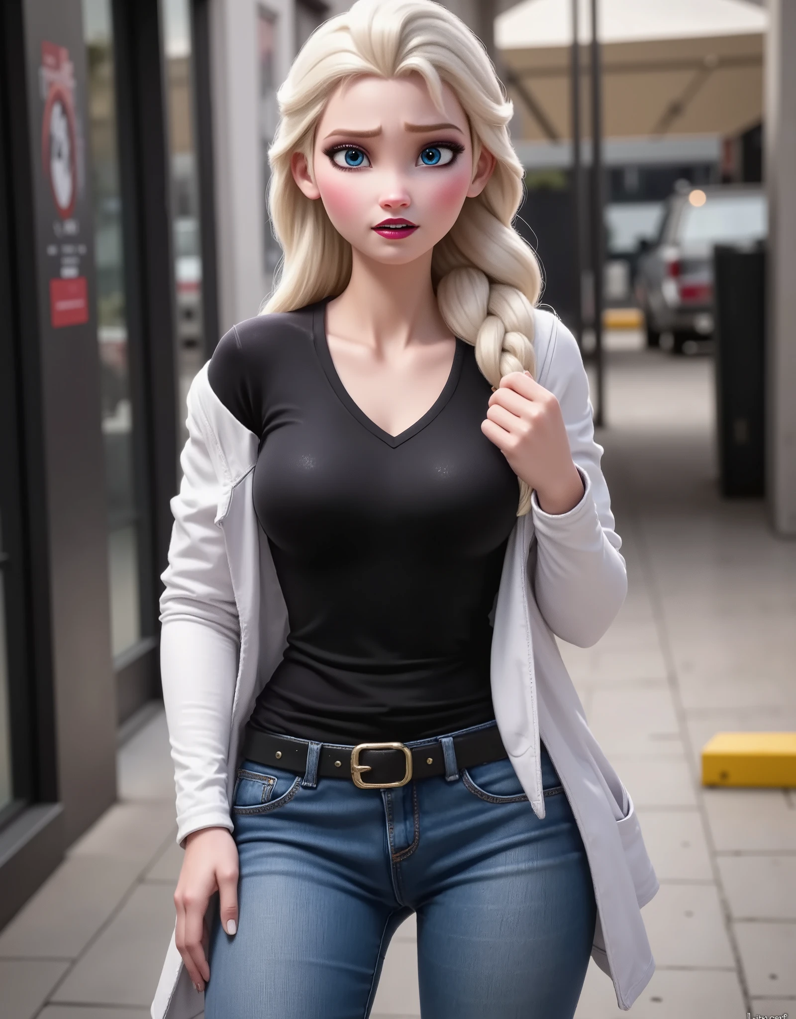 Elsa has a black shirt and white jacket, And she's wearing jeans..Get out