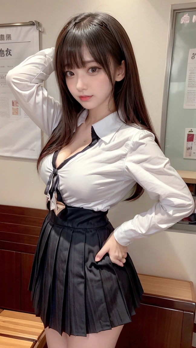 One girl, (masterpiece:1.1), (Highest quality:1.1),25 years old russian beautiful girl, (White blouse,medium breasts,cleavage:1.1), (Checked skirt lift,white lingerie:1.1), , High Waist Skirt, break [green:pink:0.5] theme, (locker,lockerroom Background:1.1), Cowboy Shot, break silver hair, Long Hair,bangs , (Green Eyes, droppy big eyes,toothy smile),ribbon, Look to the side,