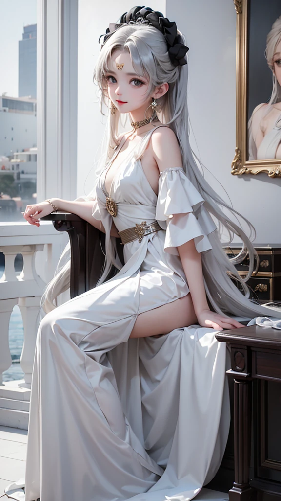 best quality,masterpiece,Ultra-high resolution,(photoactual:4：0),emperor bush,A Protea Goddess,Pink long hair shawl,Big breasts,thin waist,Wearing an imperial lace skirt,Sitting on the flower