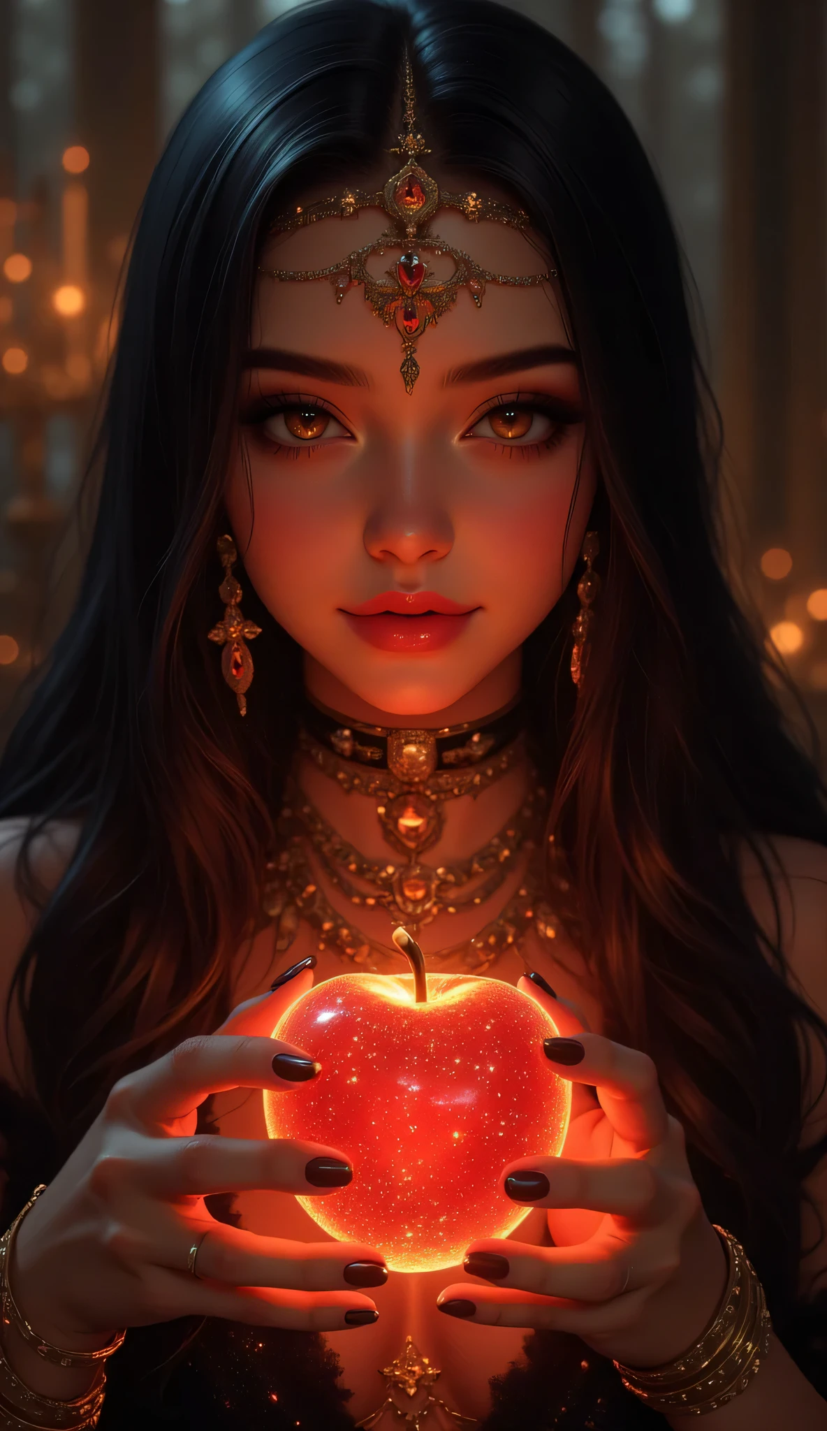 ((RAW Photo), absurd, (absurd resolution)), masterpiece, best quality, (Extremely detailed 8k unity CG wallpaper), (best illustration), (best shadow), Realistic lighting, beautiful detailed glow, ((21 years old)), woman, smiling, long black hair, queen, jewelry accessories, glass made transparent red apple in hand, apple interior swirling glowing golden sparkles red, witch queen, red lipstick, (((Photographic Perspective of her)))
