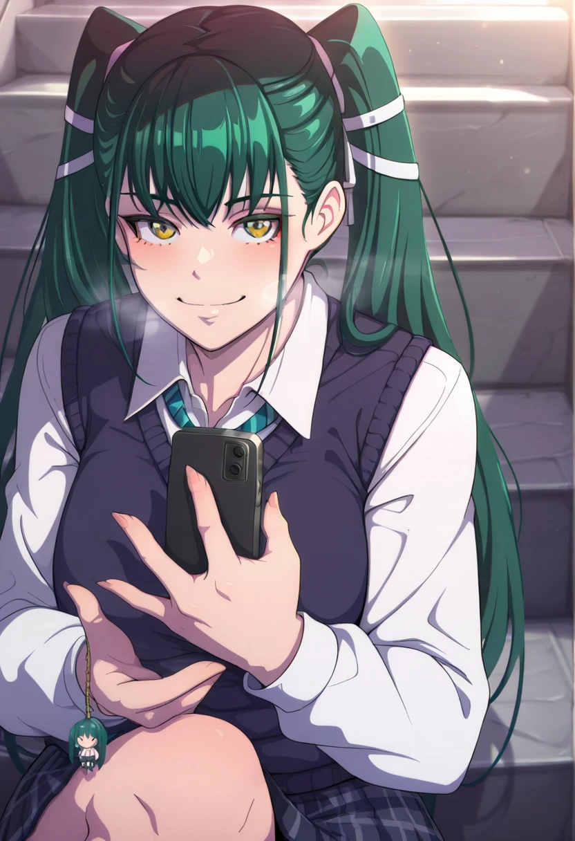 santanstyle, (zucchini-style:1.2), (ruberule-style:1.4), ((anatomical correct)), ((Cinematic, unreal engine, eye-catching, ambient occlusion, UHD, masterpiece)), ((perfect lighting, soft shadow)), perfect body, perfect eyes, perfect fingers, gasping, heavy breathing, gasping profusely, ((skindentation)), ((curvy)), mato seihei no slave, azuma yachiho, long hair, bangs, black hair, bow, twintails, yellow eyes, hair bow, green hair, plump, 1girl, solo, keychain, school_uniform, smile, charm_(object), skirt, sweater_vest, cellphone_charm, plaid, plaid_skirt, sitting_on_stairs, stairs,
