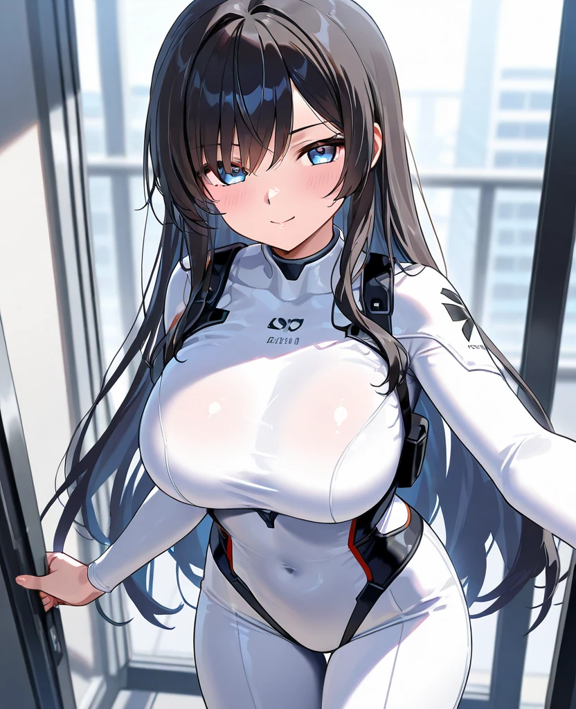 girl, with giant breasts, by white, broad , blue eyes, white spy suit, black ebony skin.