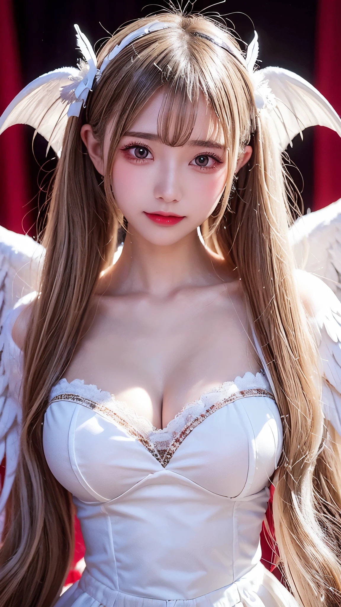 masterpiece, best quality, 4K, ultra-detailed, photorealistic, (1 girl), (upper body), (A fascinating eye for perfect detail:1.2), (revealing white angel clothing), blue eyes, smirk, (holding swords), white damaged wings on both sides, pure looking angel with an evil facial expression, dynamic expressions, dynamic pose, gloomy and desolate landscape, post-dystopian setting, ominous aura