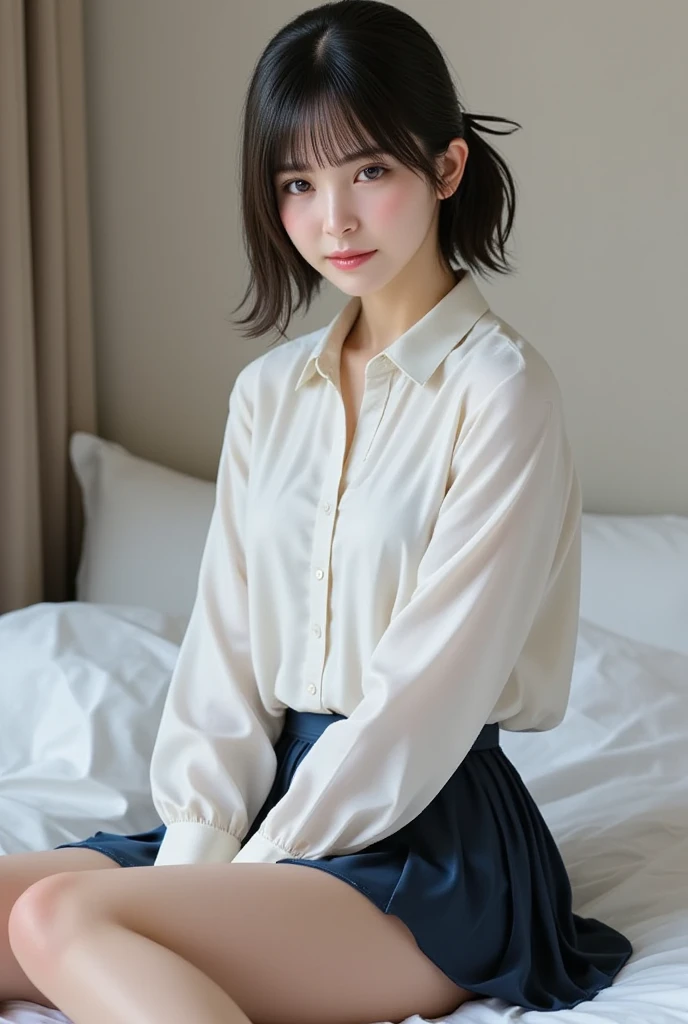 ((Japanese Idols)) ((Plump and Shiny Lips)) Big Breasts ((Short brown hair with bangs)) ((Looking into the camera)) Sit with your legs apart ((White button shirt and pink panty)) Low-angle shot of a person standing facing forward look down ((A bedroom with shoji and tatami mats lit up in white neon lights))