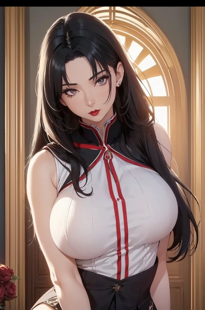 red eyes, (highest quality, masterpiece painting:1.3), immature woman, , (half body shot), masterpiece, ultra high resolution, (Photoreal:1.0), black hair, ponytail, straight hair, beautiful shining hair, white and shining skin, ((Ultra realistic details)), octane rendering, highly detailed face, (big breasts:0.8), She wears stunning costumes inspired by Belle Époque style, flowing gold dress decorated with lace and ribbons, (clothing: gold belle époque dress with lace and ribbons),cleavage, perfect body, soft skin, anime face, perfect face, perfect eyes, looking at the viewer, smart, snow scene, ((snow falling)), ((fantastic night)), ((outdoors)), sharp focus, intricate details, professional artwork, (bright colors:1.1), bright colors, diffused lighting, digital blending, ultra-definition body, ultra detail hair, super detailed face, that'It's trending on pixiv, top button open, Cute gaze, compensate, perfect lips, perfect compensate, Ultra-precision coating, (light_smile:0.8), (Very embarrassed:1.2), blush your nose,