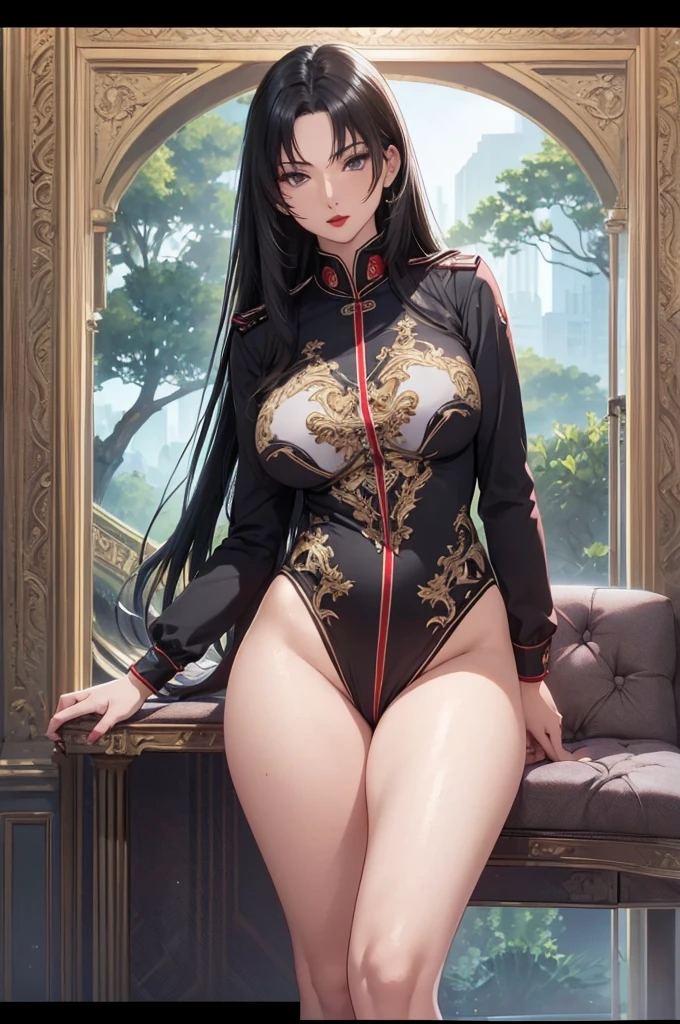 Adult woman, Long black hair, high ponytail, red-eyes, red kimono, open belly, Huge-breasts, open thighs, ssmile, Masterpiece, hiquality