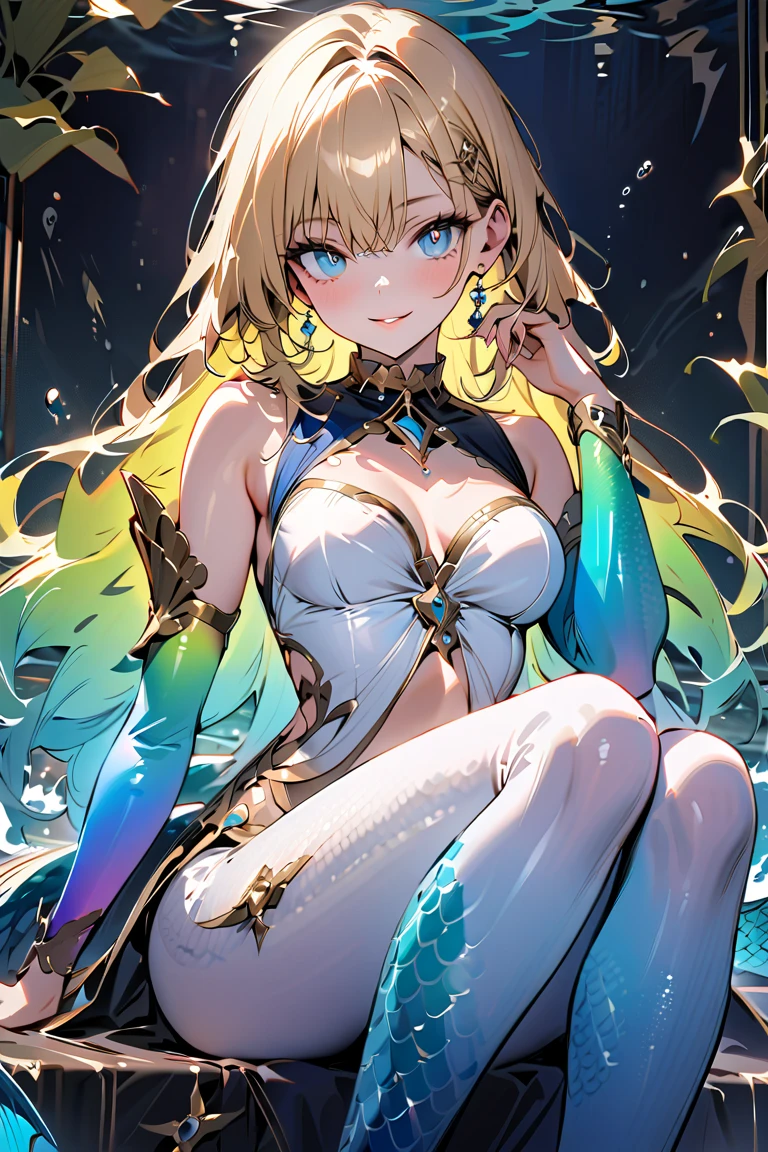 Dragon tail、No single side angle、Dragon girl、Girl with 4 dragon horns、tail，lwhote hair、Girl with two teeth、Dragon girl、There are no bright spots in the eyes，ssmile，black leg rings，Hong Barren starry sky background