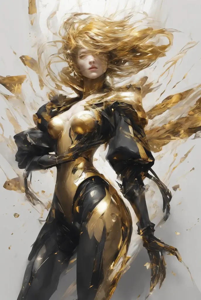 Perfect centralization, Fantastic Black Golden Beams, alegria, Standing position, beleza abstrata, Centrado, looking at the camera, Facing the camera, Approaching perfection, Dynamic, altamente detalhado, liso, foco nítido, 8k, alta resolução, illustration, arte de Carne Griffiths e Wadim Kashin, Personagens de Goldfish