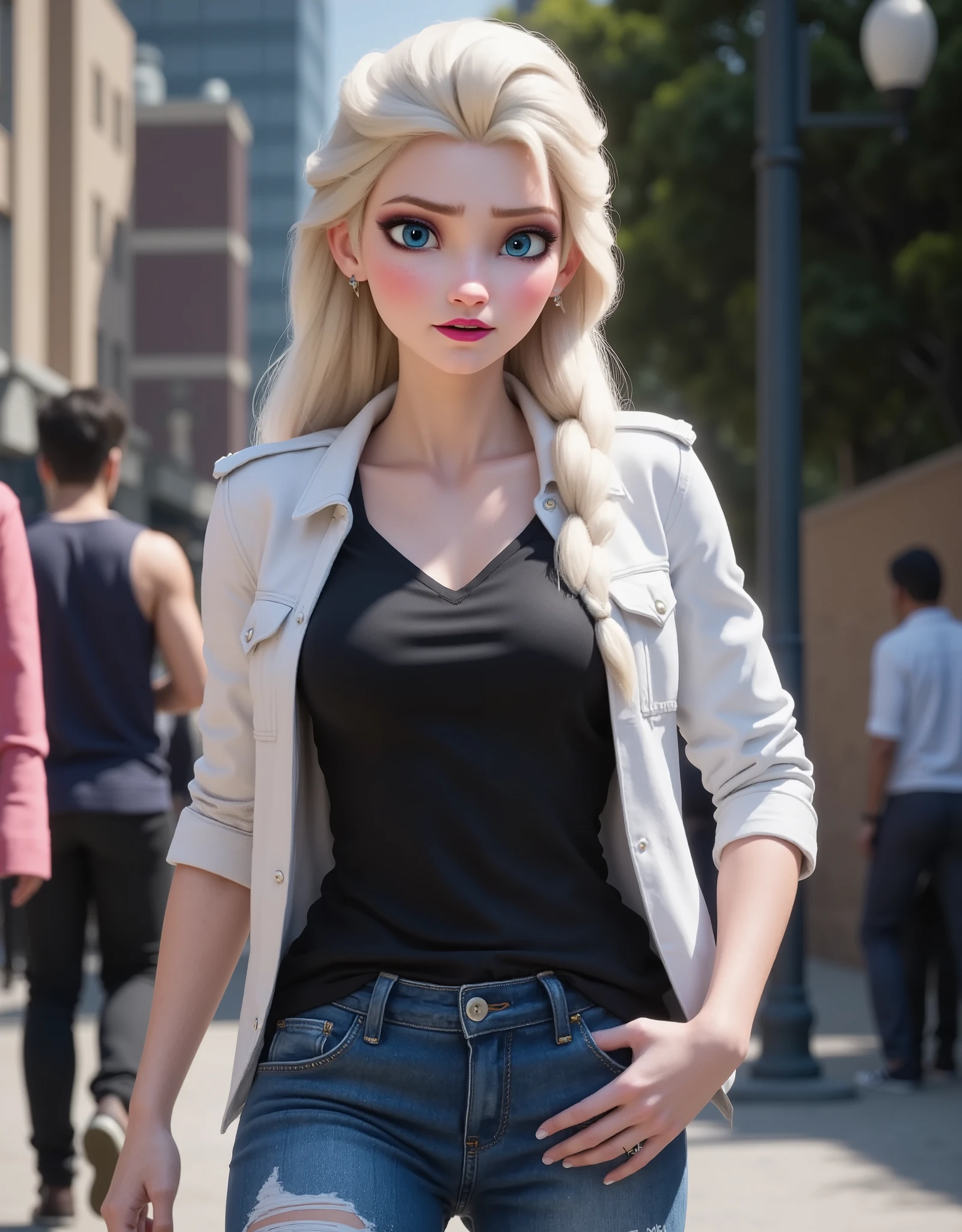 Elsa has a black shirt and white jacket, And she's wearing jeans..Get out