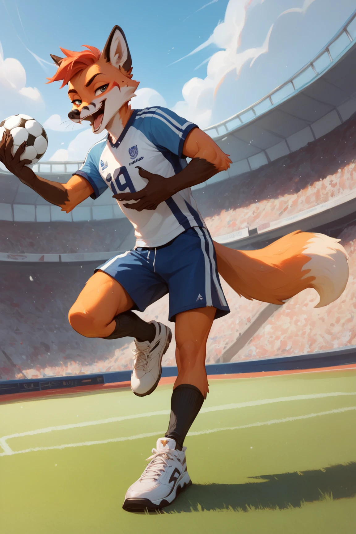 furry fox, shiny satin soccer shorts, Adidas, shy smile, erect tail, playful eyes, vibrant colors, natural lighting, flowing movement, detailed fur texture, realistic rendering, athletic physique, dynamic pose, confident stance, crisp focus, sports theme, bulge, precum leaking through shorts, erection under clothing, huge erection under shorts, alone, bulge stroking against shorts, soccer, gay
