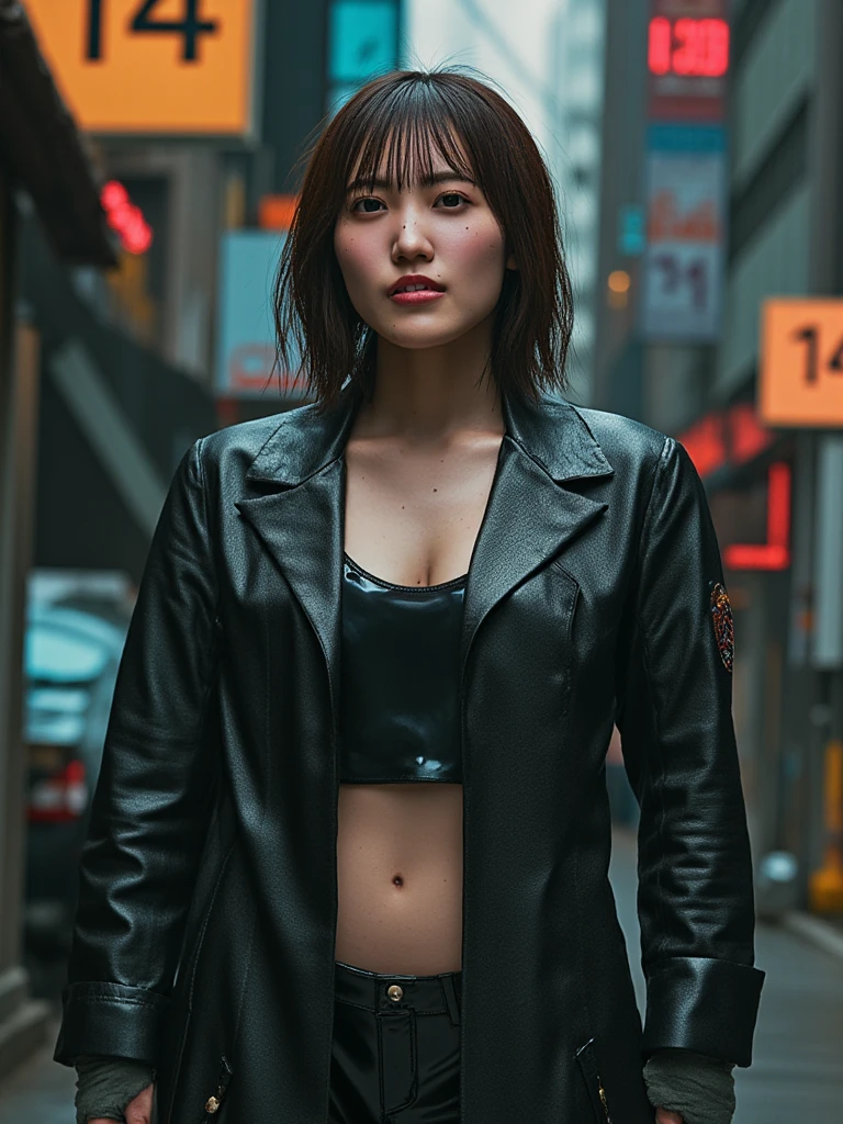 (((masterpiece)))、((Highest quality))、(Ultra-detailed)、8K、(So noble and beautiful))、15 year old girl wearing leather outfit and holding a lightsaber on city street, Cinematic Light、((1. Mechanical Girl))、Look at this、White ceramic body、Purple eyes、single、(Mechanical joints:1.4)、((Mechanical Limbs))、(Blood vessels on the back))、((Mechanical cervical spine attached to the neck))、(Wires and cables attached to head and body:1.5)、 Neon Details、sf、Cowboy Shot, Wearing a cyberpunk fur leather jacket, Cyberpunk Angry Gorgeous Goddess, Super villain IU Lee Ji-eun, Cyberpunk Costume, Pure white cyberpunk outfit, Female Cyberpunk anime girl, Cyberpunk 20. Model Girl, Cyberpunk style outfit, Female Cyberpunk, Cyberpunk Style, A fascinating cyberpunk dark fantasy, cyberpunk assassin, ((whole body)), ((Leather trousers))