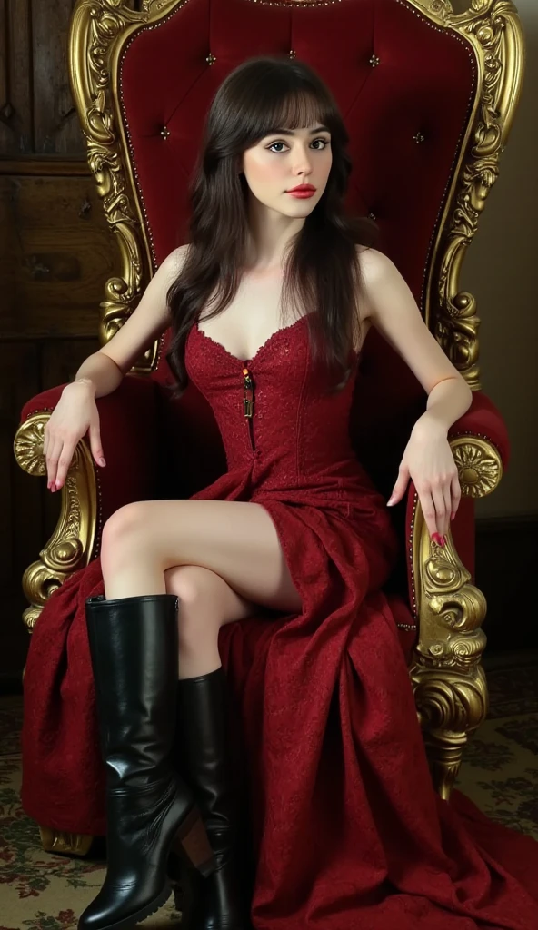 Cuerpo completo intrincadamente oftallado, professional photograph, of (seductive real vampire woman), dress, session, on the chair, en un lujoso castillo of fantasía, toned abs, small breasts, big ass, pretty face, amber red eyes, (fangs), together, sexy, shallow ofpth of field, cinematic lighting, photographed with a Sony a9 II mirrorless camera, (muy oftallado:1.2), (soft focus), Game of Thrones film still, HDR, 8K resolution