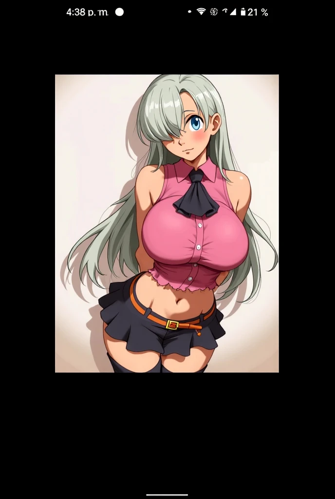 anime girl, beautiful, long green hair, blue eyes, hair clip, big breasts, cleavage, stylish black long-sleeved blouse, pleated skirt, choker, beautiful smile, hallway, blushing, mole on cheek