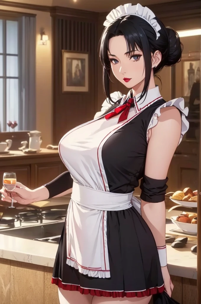 (masterpiece, best quality), female geriatric, elegant, sub-saharan african, amber eyes, angular nose, cleft chin, soft jaw, unusual forehead, well-defined veins, , chestnut fringe haircut hair, skepticism wearing thong, camisole, beanie,, partially unbuttoned shirt, wearing a partially unbuttoned shirt, revealing a hint of skin and adding a touch of seduction, dramatic lighting, high contrasts and bold shadows to intensify emotions and create a passionate ambiance, a family dinner gathering, with a beautifully set table and heartfelt conversations
