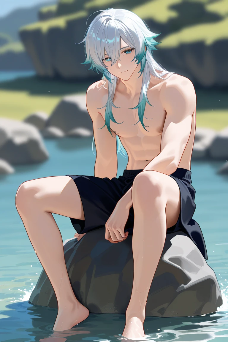 young boy, Long aquamarine hair, cat ears, blue eyes, ssmile, open body, underpants, Beach, Masterpiece, hiquality