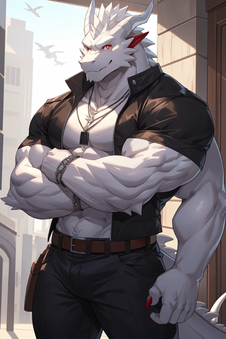 Von Lycaon Zenless Zone Zero for PonyXL Muscular male, , good quality. Muscular, buff, nice wide Pecs. Stern face. White wolf. Wearing a tight thong.