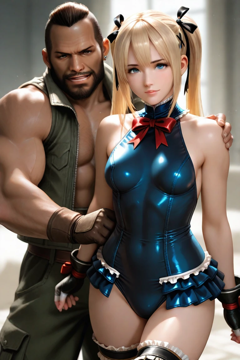 Street Fighter: Cammy romantic snuggle on a black strong man as she fall in love with him, a black strong man cuddle Cammy as if he is protect her, romantic poses