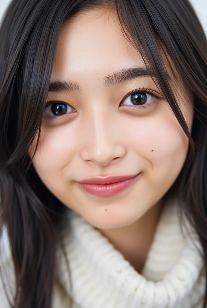 RAW photo, reality,((Staring intently at the viewer)),((focus on the face)),((close-up)), front, Japanese woman, smile, long hair, black hair, straight hair, , Unprocessed , live-action, Genuine,cute young girl, beautiful reflective eyes ,Beautiful Detailed Lips, Extremely Delicate Eyes and Face,long eyelashes, (軽いsmile:2),simple white background, natural light