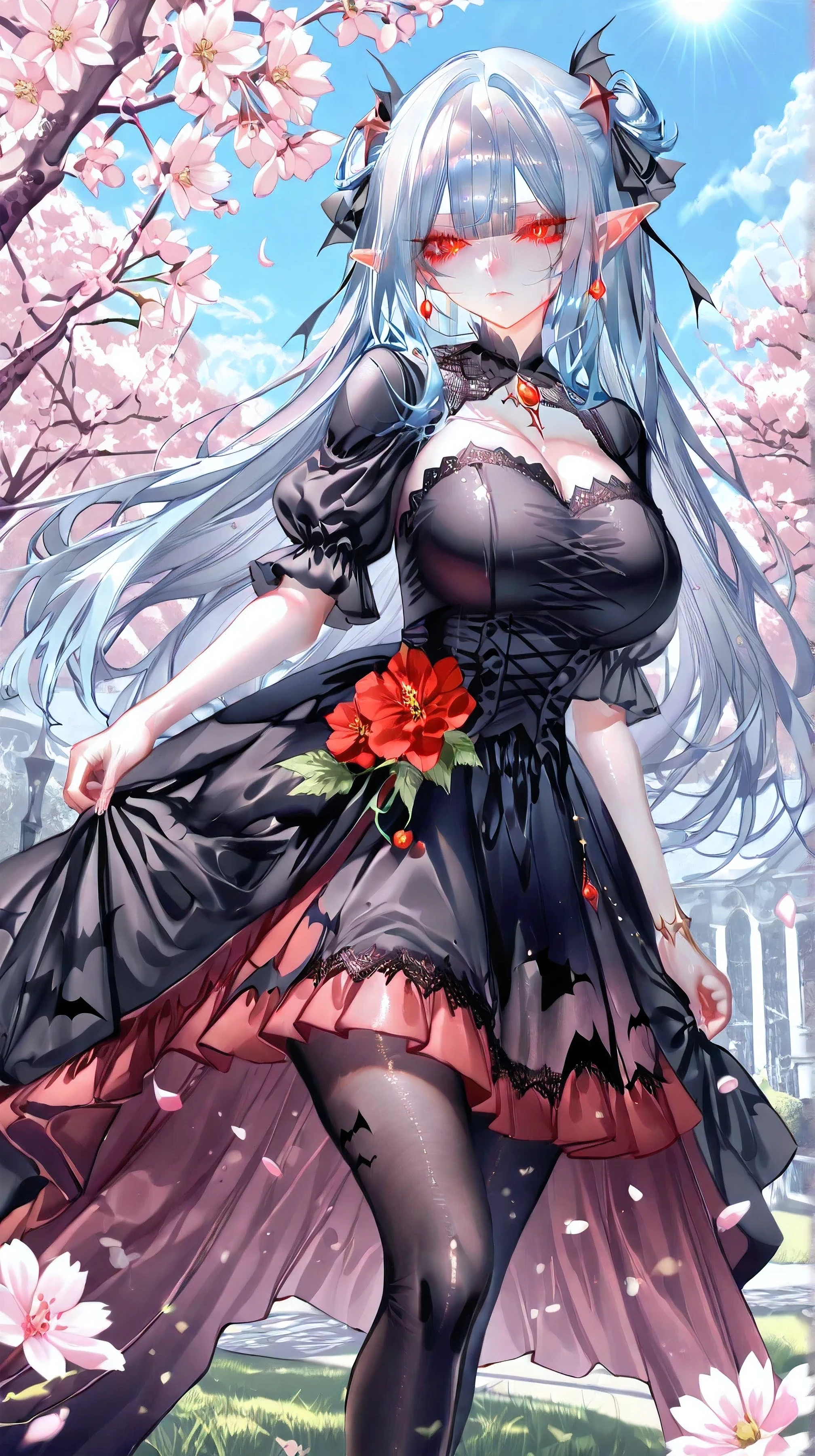 masterpiece,best quality,illustration,ultra detailed,hdr,Depth of field,colorfu),pottsness,iumu,Sheya,1girl,solo,looking at viewer,very long hair,light blue hair,long straight hair,red eyes,blunt bangs,glowing eyes,pointy_ears,****,tsurime,Huge breasts,closed mouth,up-right,(mature:1.3),(be tall of stature:1.3),Bat hair accessory,black pantyhose,black footwear,princess dress,Court dress,Gothic-style dress,lace dress,ta dress,bangs,cherry tree,sky,sun,in spring,flower_petals,On campus,transparent,melting,noyu,mercury,Q,