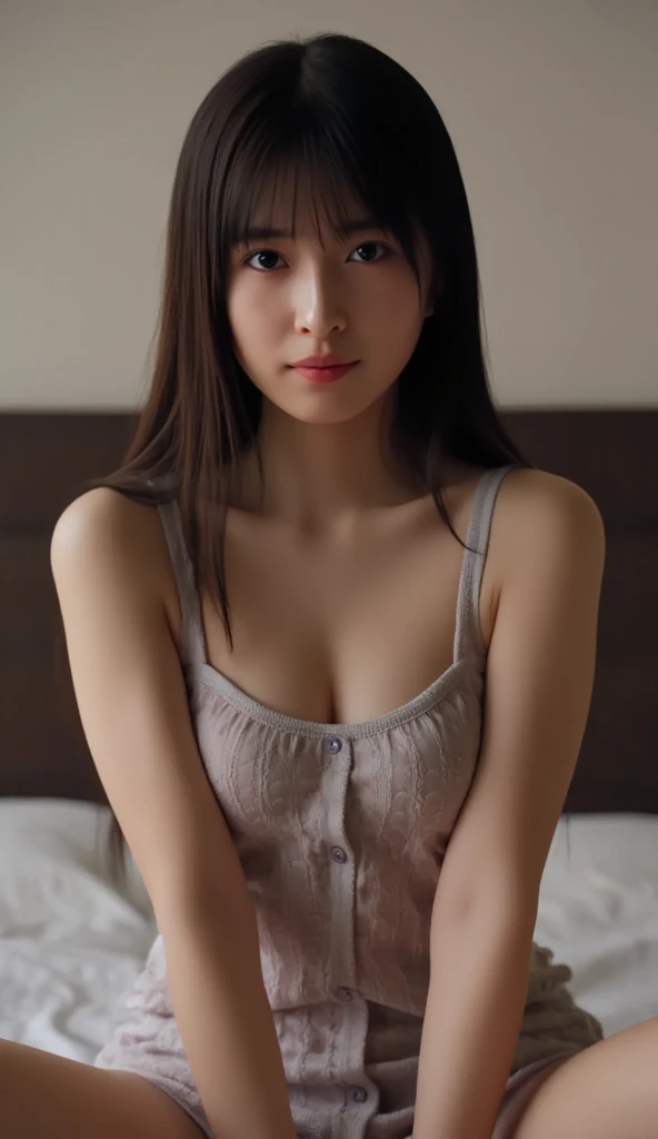 (Highest quality, Highest quality、Masterpiece, detailed、Ultra-realistic), Beautiful and delicate、Portrait of a 15 year old girl, Calm and gentle look, Model for painting、Half naked、Beautiful nipples、The background is a room at home、Her breast size is B cup、Panties are wet with love juice、Her legs open towards me in an M shape.、Spread your legs、detailed、Accuracy、Body facing forward、Embarrassing、Not wearing a bra、Wearing panties、Her panties are wet、I can see her vagina,