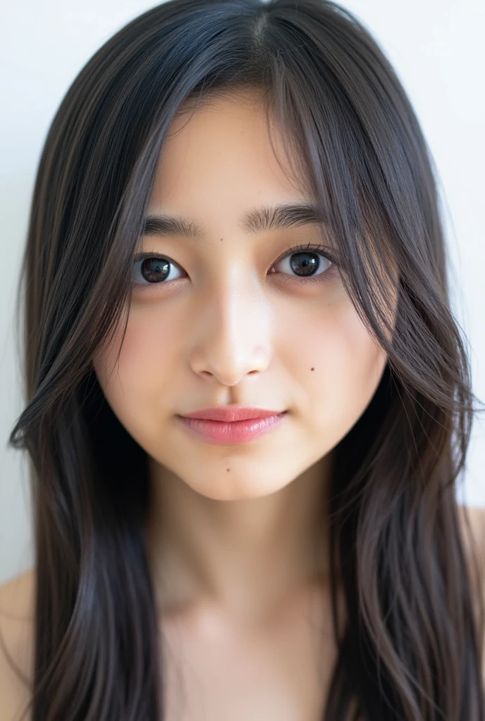 RAW photo, reality,((Staring intently at the viewer)),((focus on the face)),((close-up)), front, Japanese woman, smile, long hair, black hair, straight hair, , Unprocessed , live-action, Genuine,cute young girl, beautiful reflective eyes ,Beautiful Detailed Lips, Extremely Delicate Eyes and Face,long eyelashes, (軽いsmile:2),simple white background, natural light