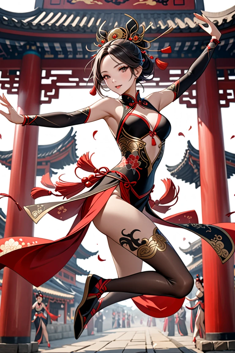 Masterpiece、Highest quality、Super detailed、1 girl、Black Hair、(Big Tits)、Fluffy and soft long hair、Red Eyes、Chinese clothing、Chinese Fantasy Palace、Cleavage、(Underboob)、Belly button、Ruffles and ribbons、