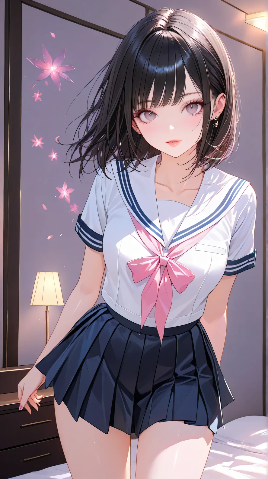 School nurse&#39;s office at dusk、Rolled up mass tissue、High school girl uniform、Misaligned white bra、White panties、Flip-up skirt、Open legs、Covered in milky bodily fluids, lying on her back、Protruding nipples、Elevated vagina、Female in her late teens、Short black hair、Stunned, moist eyes、Half-open mouth、bust 86cm（D Cup）、Waist 56cm、Hip 83cm、Splattered sperm、