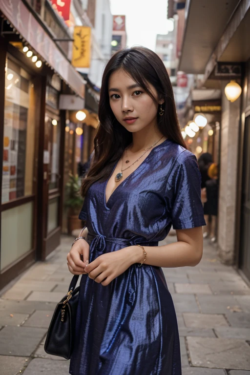 a beautiful woman standing on a balcony, detailed facial features, elegant dress, dark hair, looking down, evening sky, city skyline in the background, cinematic lighting, dramatic colors, photorealistic, (best quality,4k,8k,highres,masterpiece:1.2),ultra-detailed,(realistic,photorealistic,photo-realistic:1.37),cinematic composition,dramatic chiaroscuro lighting,intricate details,vibrant colors