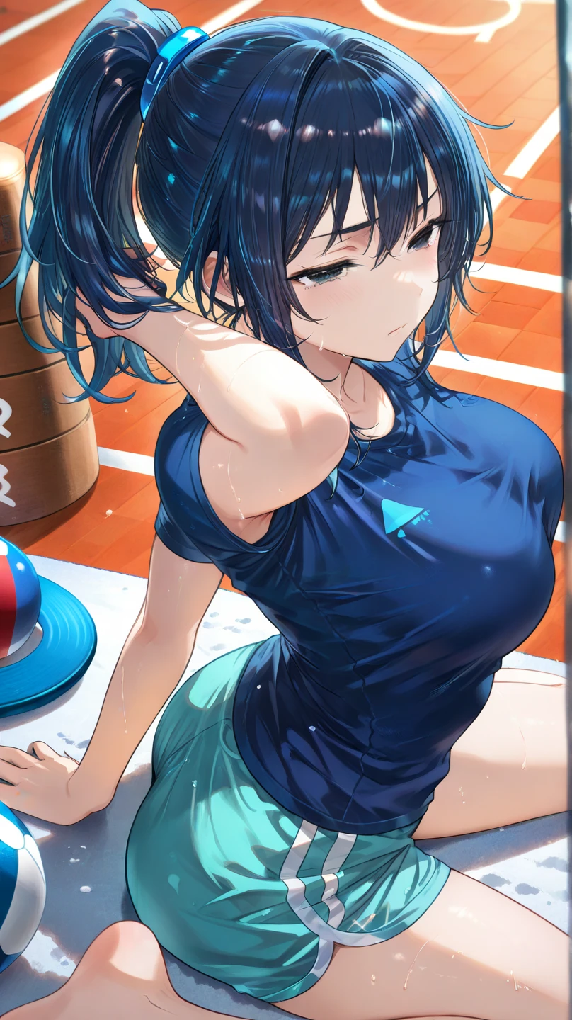 （（tmasterpiece，best qualtiy））， （1girll），（（a matural female）），blue hairs，By bangiddlebreast，（plumw）sporty attire，Jogging exercise, ชุดรัดรูป, sexy girl, camel toe,