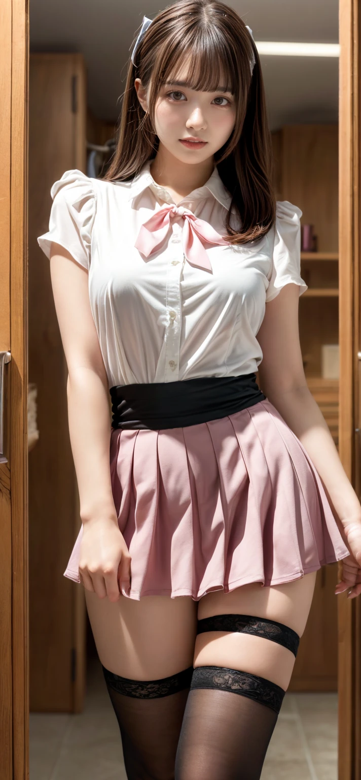 8K,best qualtiy、ultra-detailliert、masterpiece、realisitic、Photo Real、(Very Short Bob Hair、Bangs Patsun、16-year-old woman),(((Naked high school student ribbon on top、Below are high school skirts))),((((Grab the skirt with both hands、Show me the crotch of my panties))))、((red blush、embarassed expression、watching at viewers))、(Half body shot)、(inside in room)、((Angle from directly below、Focus on the crotch、Background blur))、((small tits、Very skinny body、very thin thighs、very slender legs))、