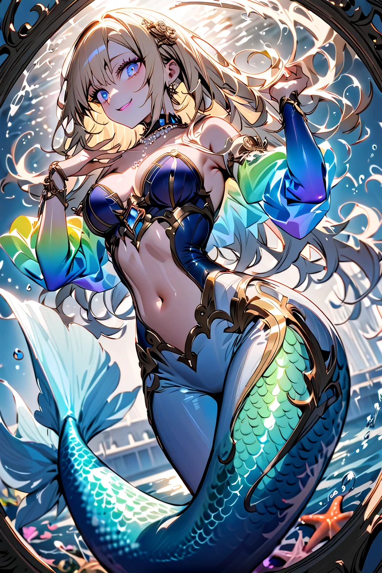(masterpiece), best quality, expressive eyes, perfect face,1girl,furina_(genshin impact),mermaid,(beautiful mermaid tail:1.4),big breasts,cleavage,bracelets,(scales),navel,cowboy shot,underwater,sunken city,pointy ears,bare neck,((jewel necklace)),bare shoulders,(strapless shell bikini),smiles,lying on back