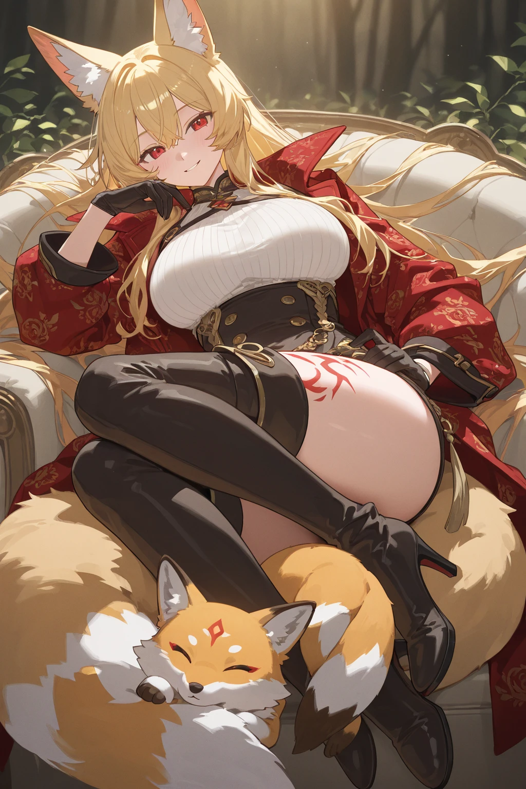masterpiece, best quality, purple eyes, navel, abdomen, sexy, blonde fur, fox, animal ears, blonde hair, fox ears, glasses, muscle, tall girl, beautiful legs, long legs,  breathtaking, nine-tailed golden fox, japanese art style, majestic, bokeh, ink, art, complex background, forest, goddess, beautiful tails, n a serene and enchanted forest, a mesmerizing sight awaits those fortunate enough to catch a glimpse - a breathtaking white fox with a lustrous coat that gleams like freshly fallen snow under the gentle moonlight. Gracefully moving through the undergrowth, its elegant form captures the essence of ethereal beauty. But what truly sets this wondrous creature apart is its extraordinary nine tails, each one adorned with intricate patterns that seem to tell ancient tales of mythical wonders. With every swish of those magnificent tails, an enchanting aura of magic surrounds the fox, captivating all who behold its splendor. As the embodiment of purity and allure, the white fox with its resplendent nine tails is a living testament to the wonders of nature's creativity and brilliance, 
(((purple eyes))), ((glasses)), black thighhighs, black socks, fox, cynematic light, futuristic, epic fantasy, 8k. woman, fox ears, long blonde hair, purple eyes, glasses, seductive anime girl, attractive anime girl, 20 years old, tall girl, long beautiful legs, muscles, side-tie panties, stomach, ribbon-trimmed thighhighs, thighhighs, full body, large breasts, chinese clothes, garter straps, skindentation, qipao, Cheongsam, dress, chinese dress, high heels, hair ornament, chinese house interior, sunrays, chinese lamps, night, black dress, sexy dress,,

