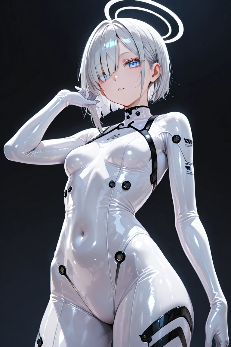 (8K, highest quality, masterpiece:1.2),High resolution,masterpiece,ultra detail,alone,1of girl,(white color of background:1.5),(Delicate eye),((whitehair)), short_hair, starry_null, alone, night_null, red_eye, red_ background, silver latex bodysuit, pilot_suit, fronthair, light_particle, ((triangular psychosensory apparatus on both sides of the head)), taut_clothes, medium-breasted, bokeh, mechanical-like clothing, Small logo pattern on chest zero, Vaginal Foreign Object Insertion,Very cute human 8 year old girl face,
