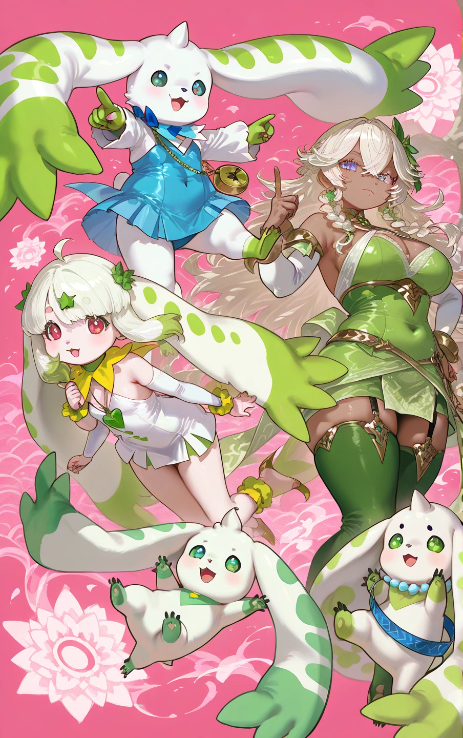 some pretty anime characters fighting over with one another over the top of them a sun blushing lewd face while wearing very tight boots micro leaf bikini, standing an animated figure with white hair holding a leaf and a green leaf behind her is speech bubble