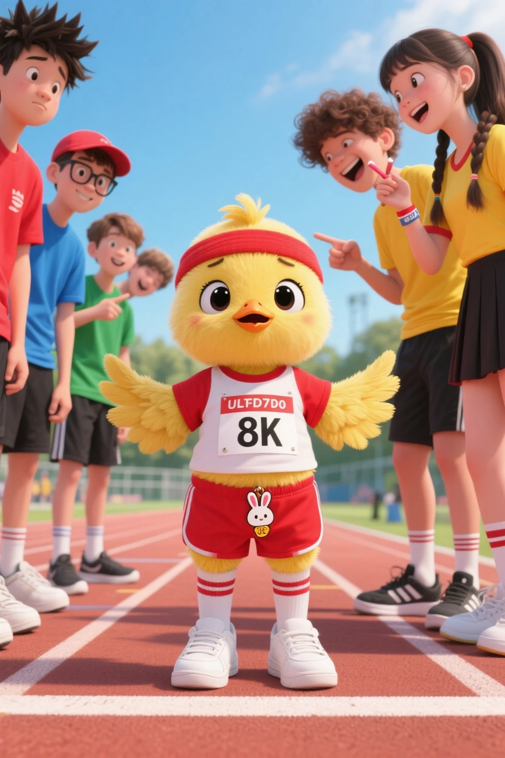 Fruit glitter,Chicks in athlete costumes at the Olympics,Two ducklings pulling cute characters at the finish line on one side of the track,pixar-style,featuring(A detailed)、fantasy、Surreal and((adolable))art-style,Cool has personality,High picture quality,high detal,A high resolution,8K,Cheer for the critters