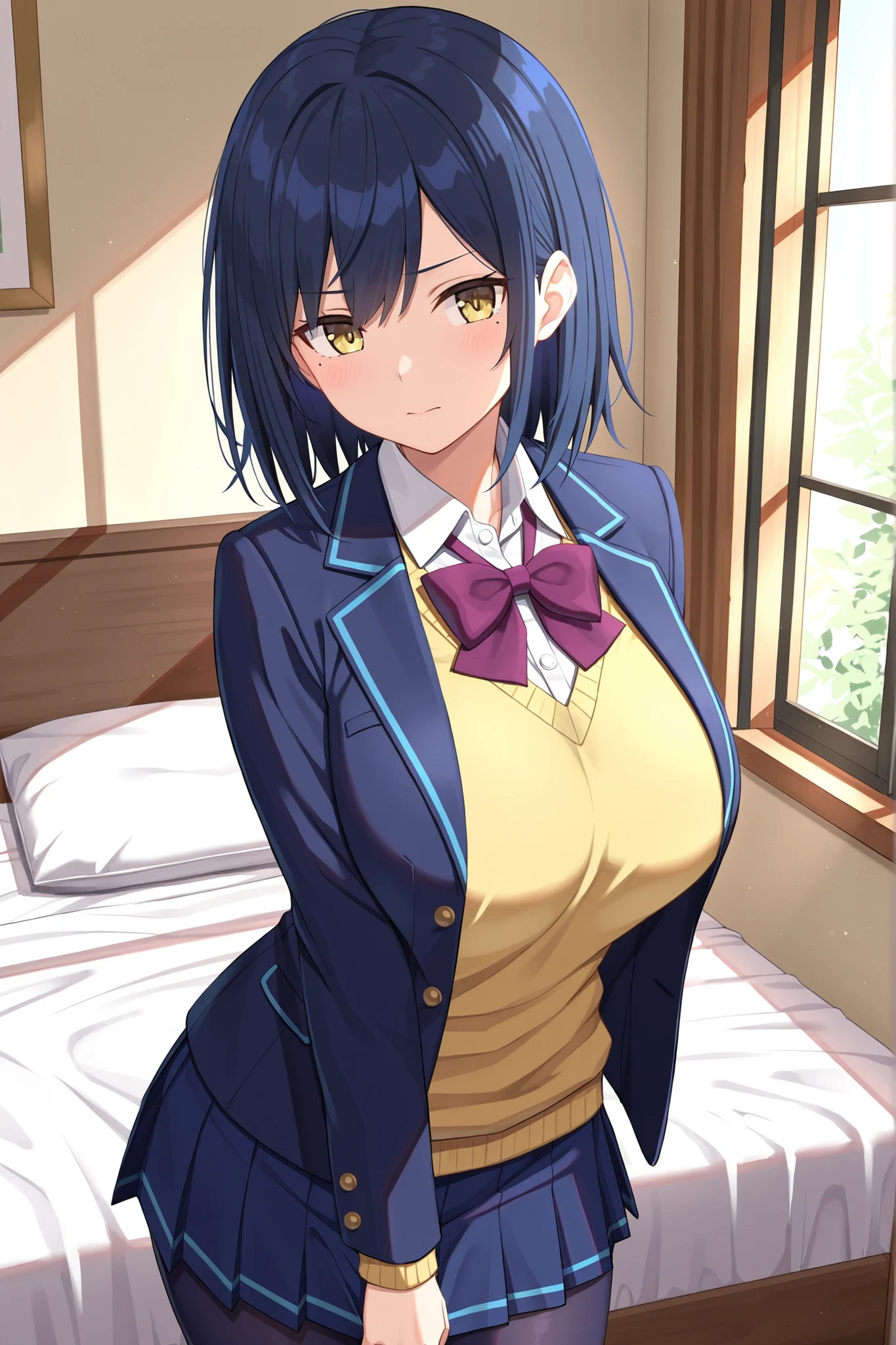 solo,masterpiece,best quality, amazing quality, highres, absurdres, very aesthetic, high resolution, ultra detailed, perfect details,nijirin,large breasts,yellow eyes,blue hair,black hair,moles,mole under eye,medium hair,nijirincos,white shirt,collared shirt,purple bowtie,yellow sweater,blazer jacket,blue jacket,closed jacket,blue skirt,miniskirt,pleated skirt,dark blue pantyhose,nijirincos,white shirt,collared shirt,short sleeves,purpl,,(masterpiece, detailed:1.2)